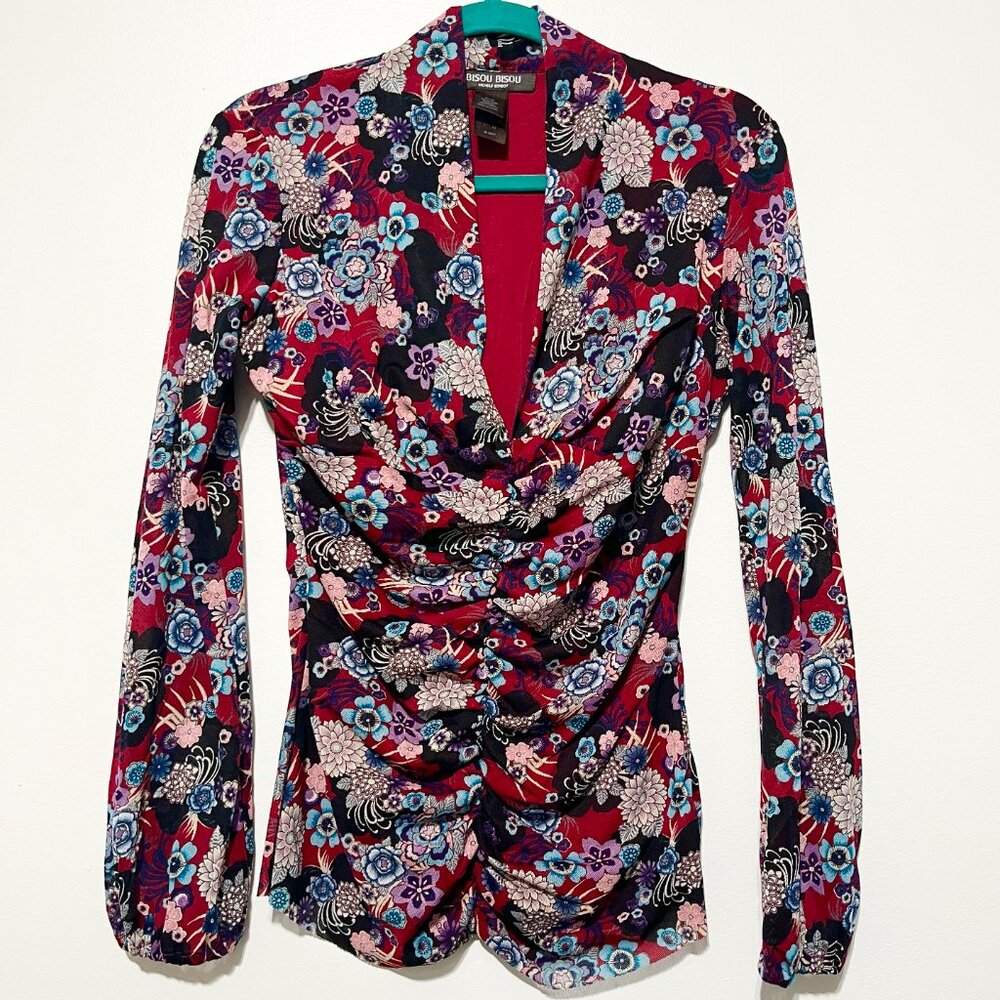 Womens Y2K Mesh Asian Floral Top M Red Ruched Fairy Grunge Hippie Festival Artsy - Picture 2 of 8